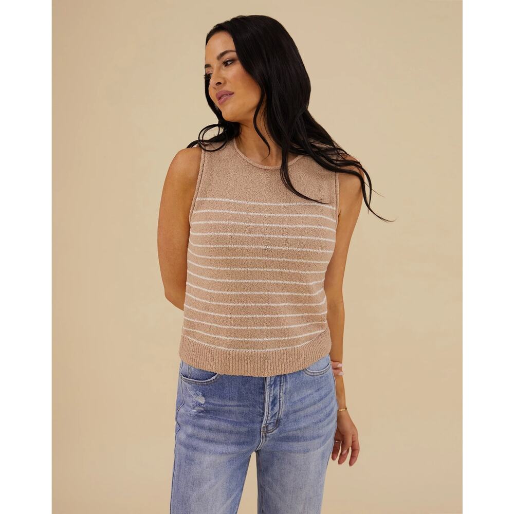 [Rachel Parcell] Boxy Muscle Tee Nude Ivory Striped Roll Neck NWT Sleeveless XL